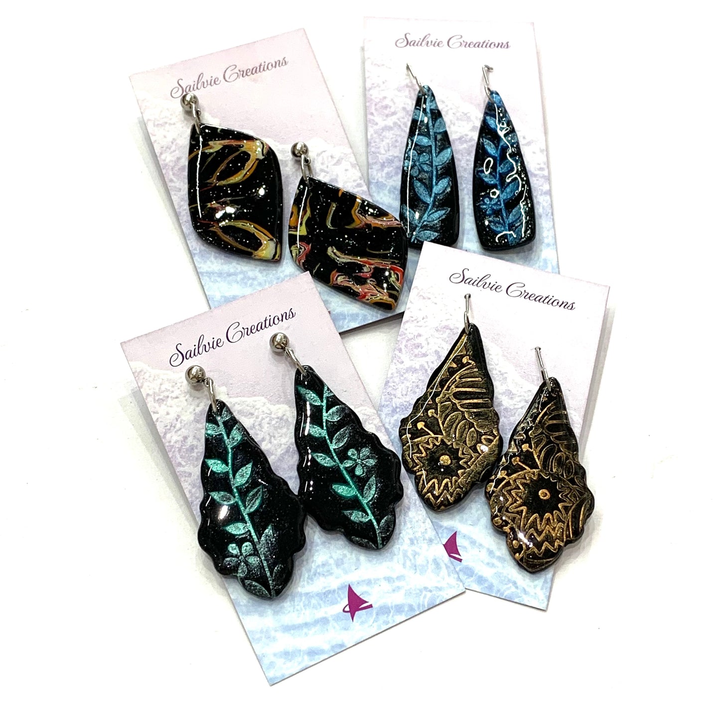 Sailvie Creations - Printed Black & Aqua Ball Stud Dangle Earrings