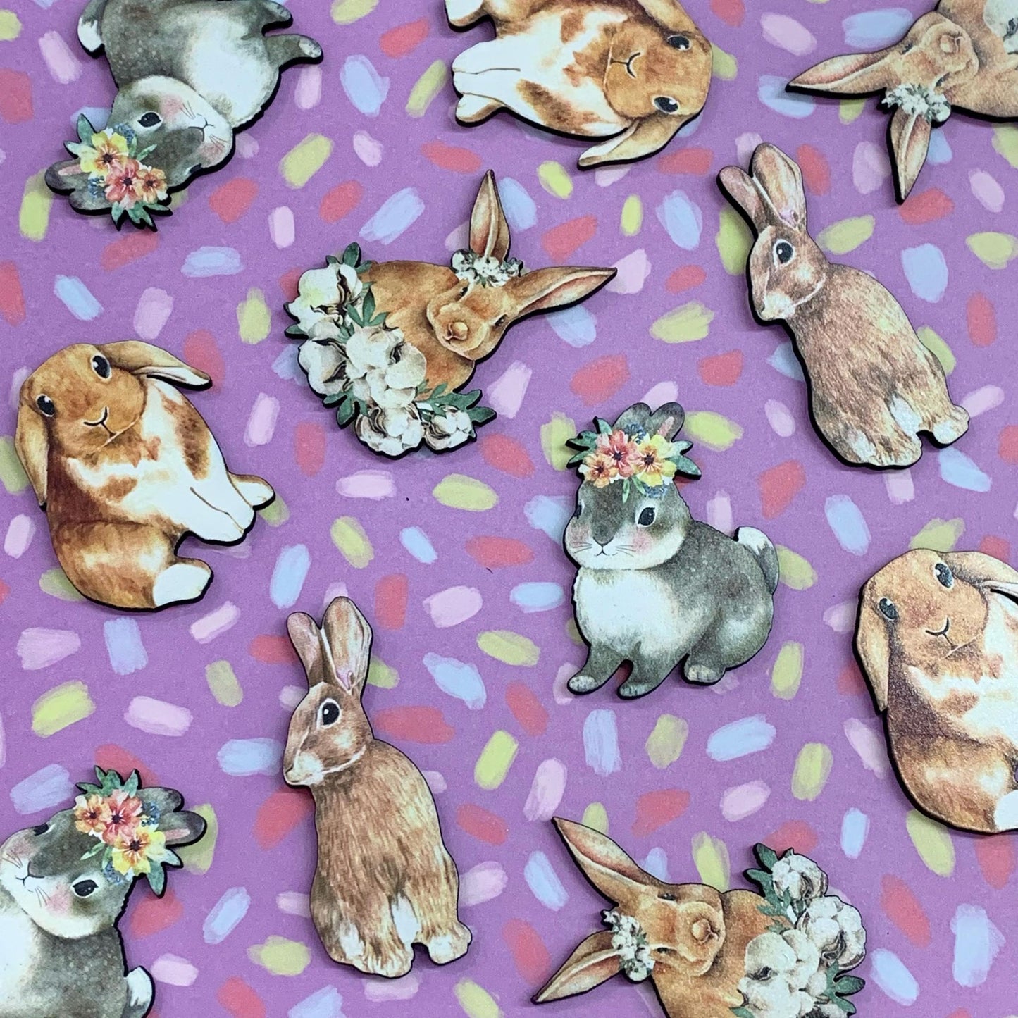 MAKIN' WHOOPEE BROOCH - Lop Earred Easter Bunny - Printed Timber Brooch