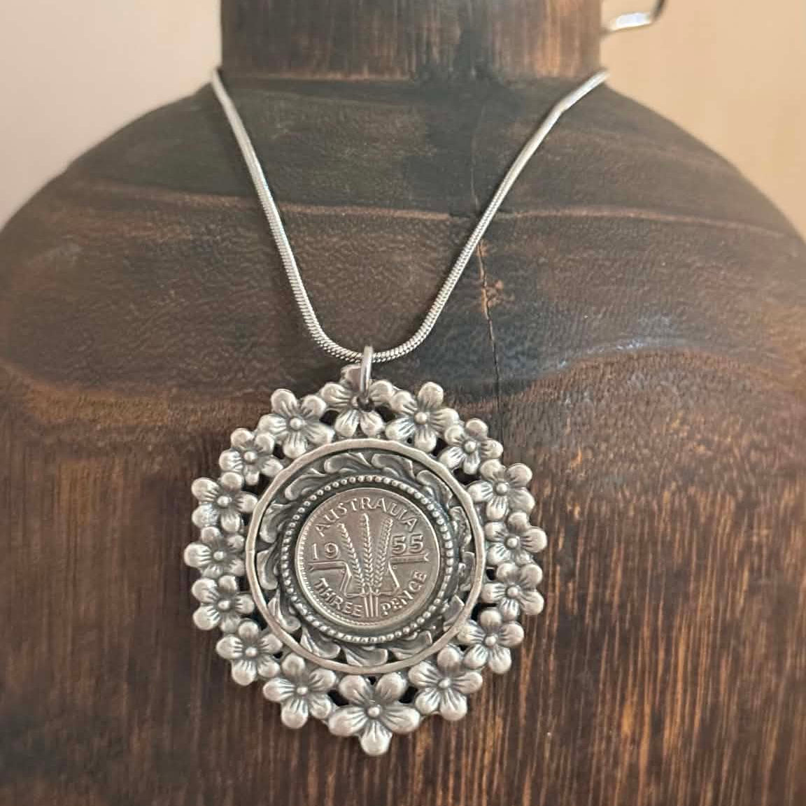 MOLLY MADE- Authentic 1955 Australian Threepence on Zamak Floral Pendant Necklace