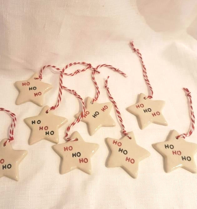 EARTH BY HAND- Clay Star Christmas Decorations- HO HO HO red and black writing