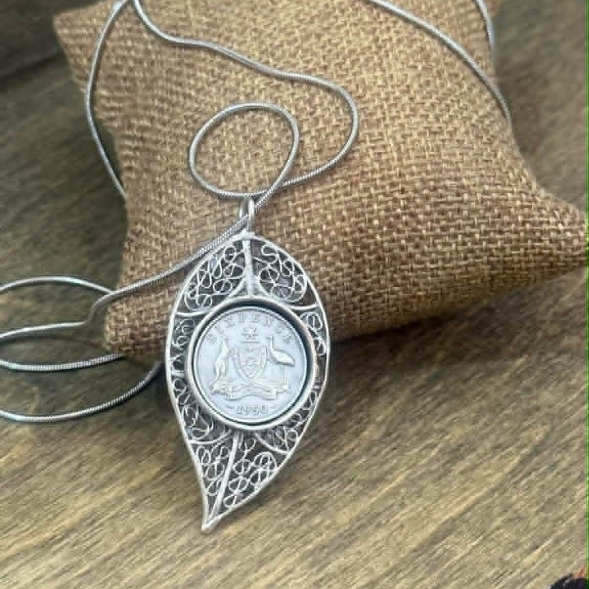MOLLY MADE- 1950 Sixpence and Leaf Pendant Necklace