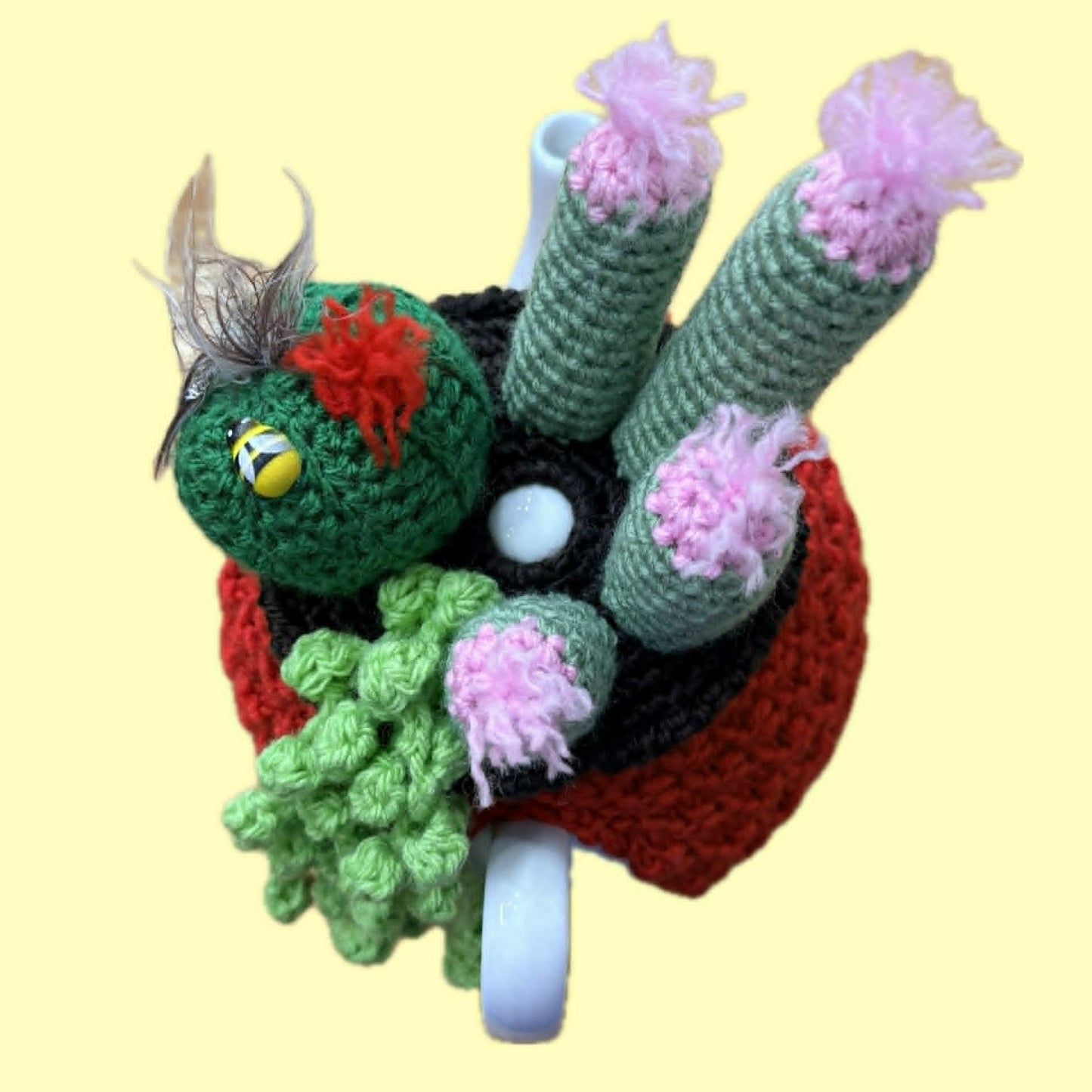 BEAKNITS- CROCHET TEA COSY - RED WITH CACTI, SUCCULENTS AND LADYBUGS