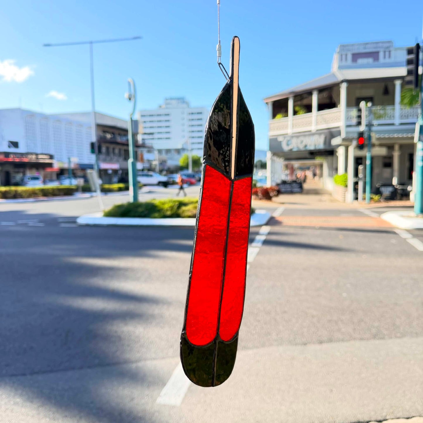 SWAN GLASS -RED TAILED BLACK COCKATOO FEATHER MALE - STAINED GLASS ORNAMENT