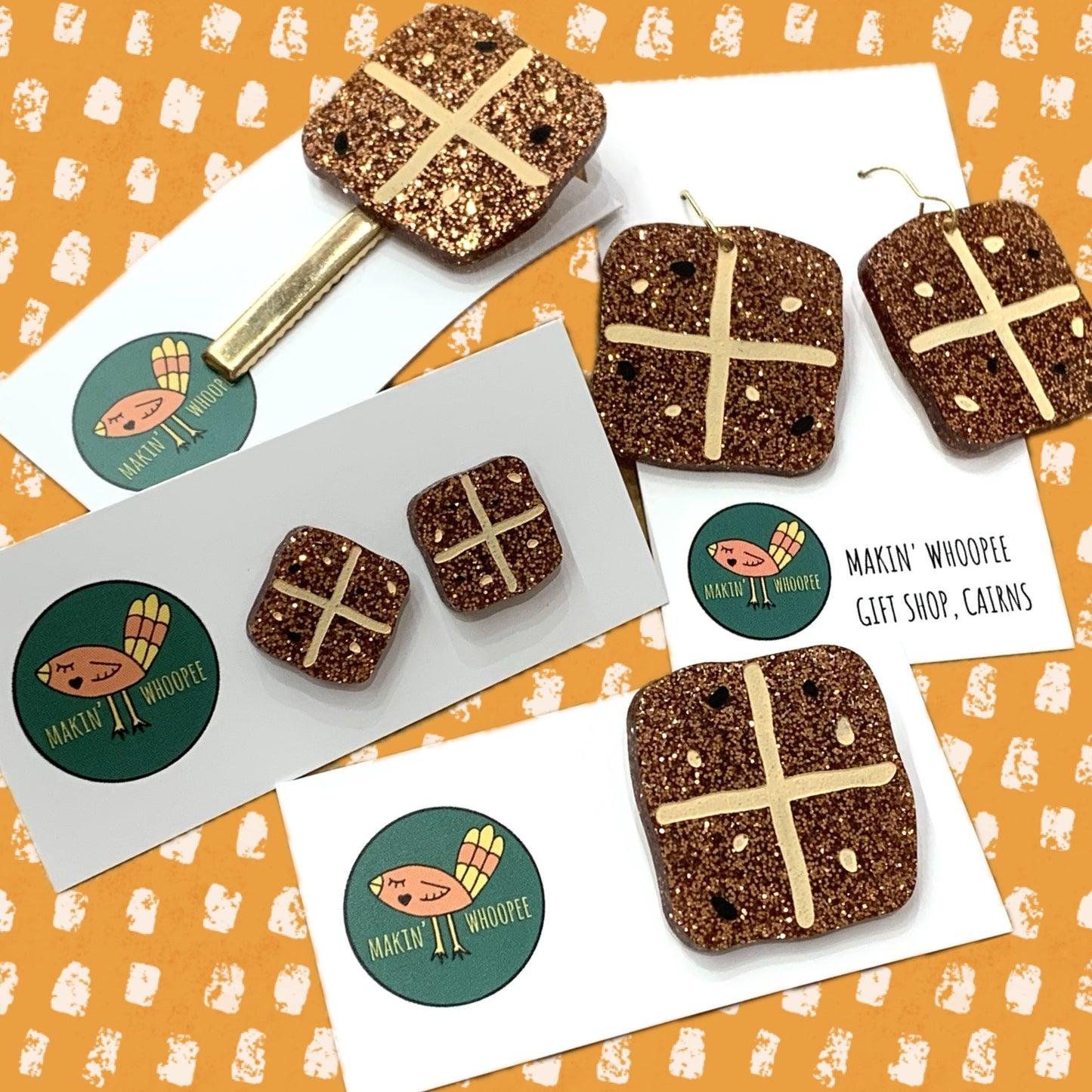 MAKIN' WHOOPEE - Mini Hot Cross Bun Brooch- Copper Glitter