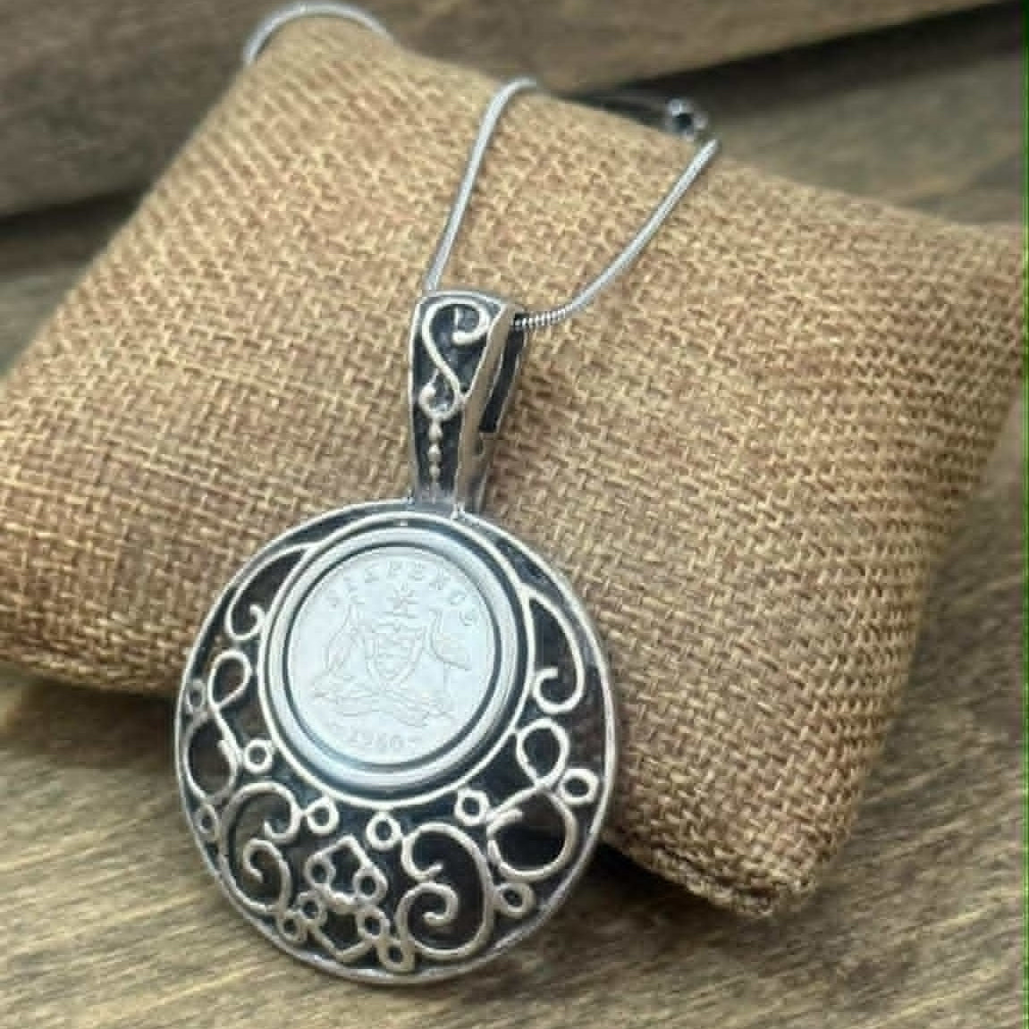 MOLLY MADE- 1960 Sixpence and Filigree Pendant Necklace