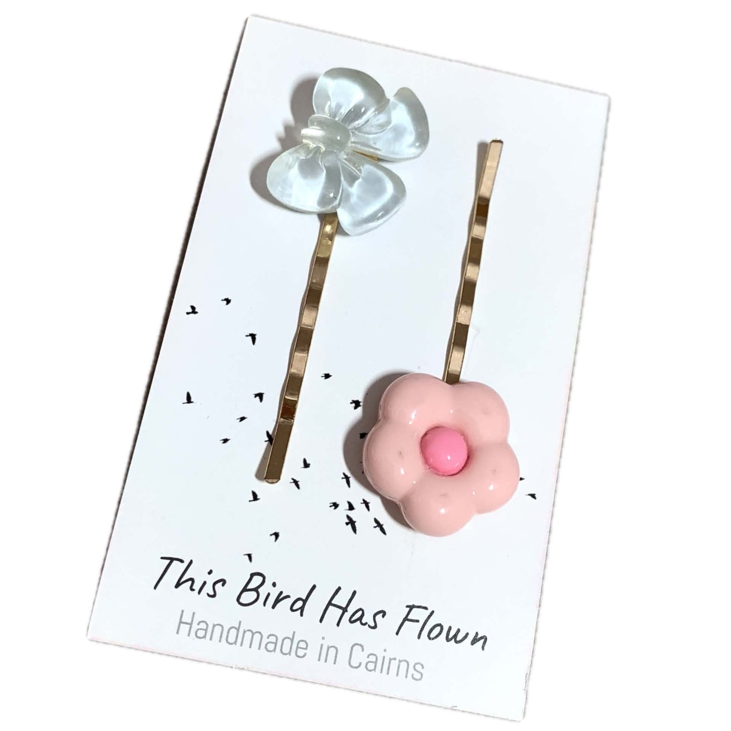 THIS BIRD HAS FLOWN - Mismatched Blue Bow Pink Flower - Hair Pins
