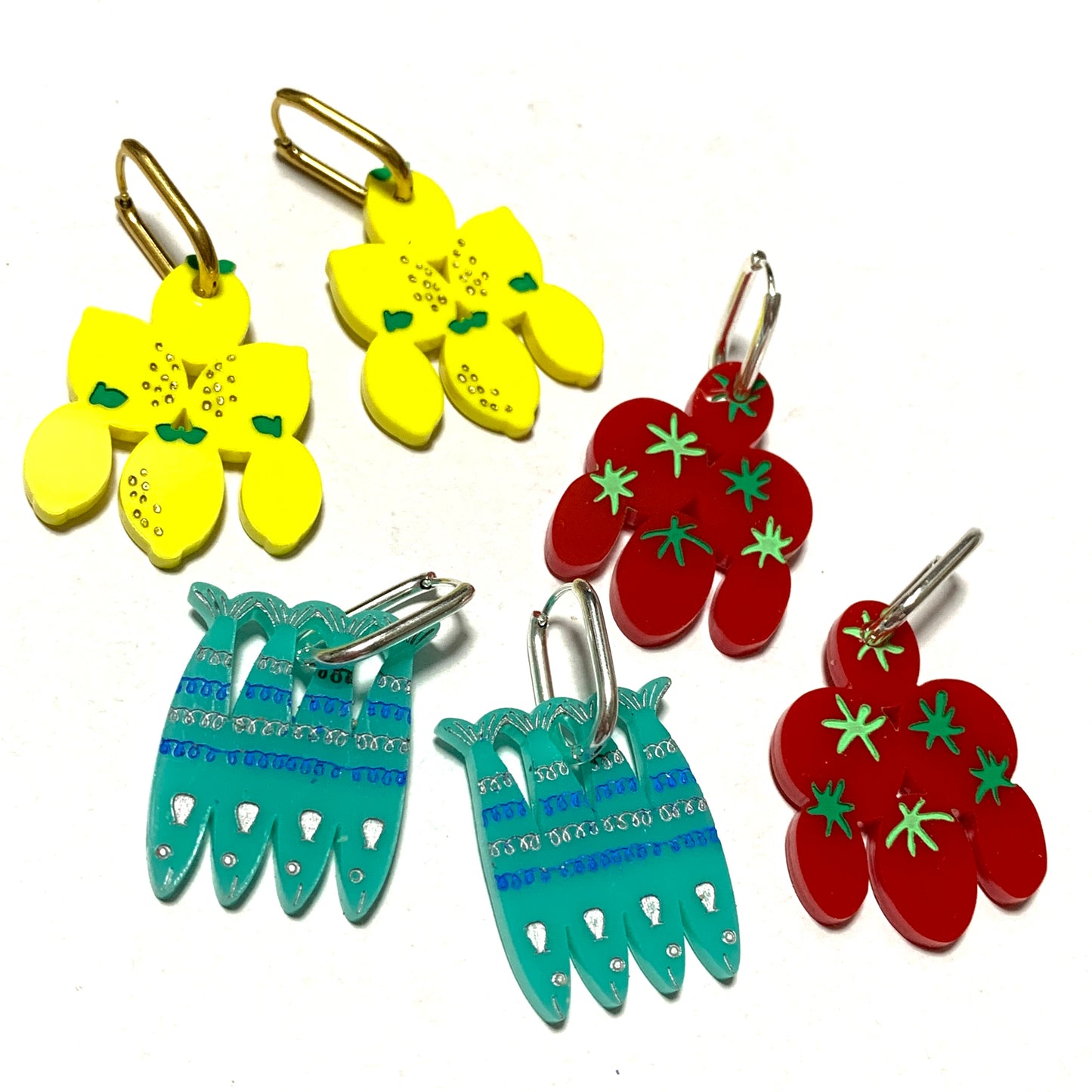 THIS BIRD HAS FLOWN - “Med Earrings- Tomatoes” HUGGIE HOOP CHARM EARRINGS