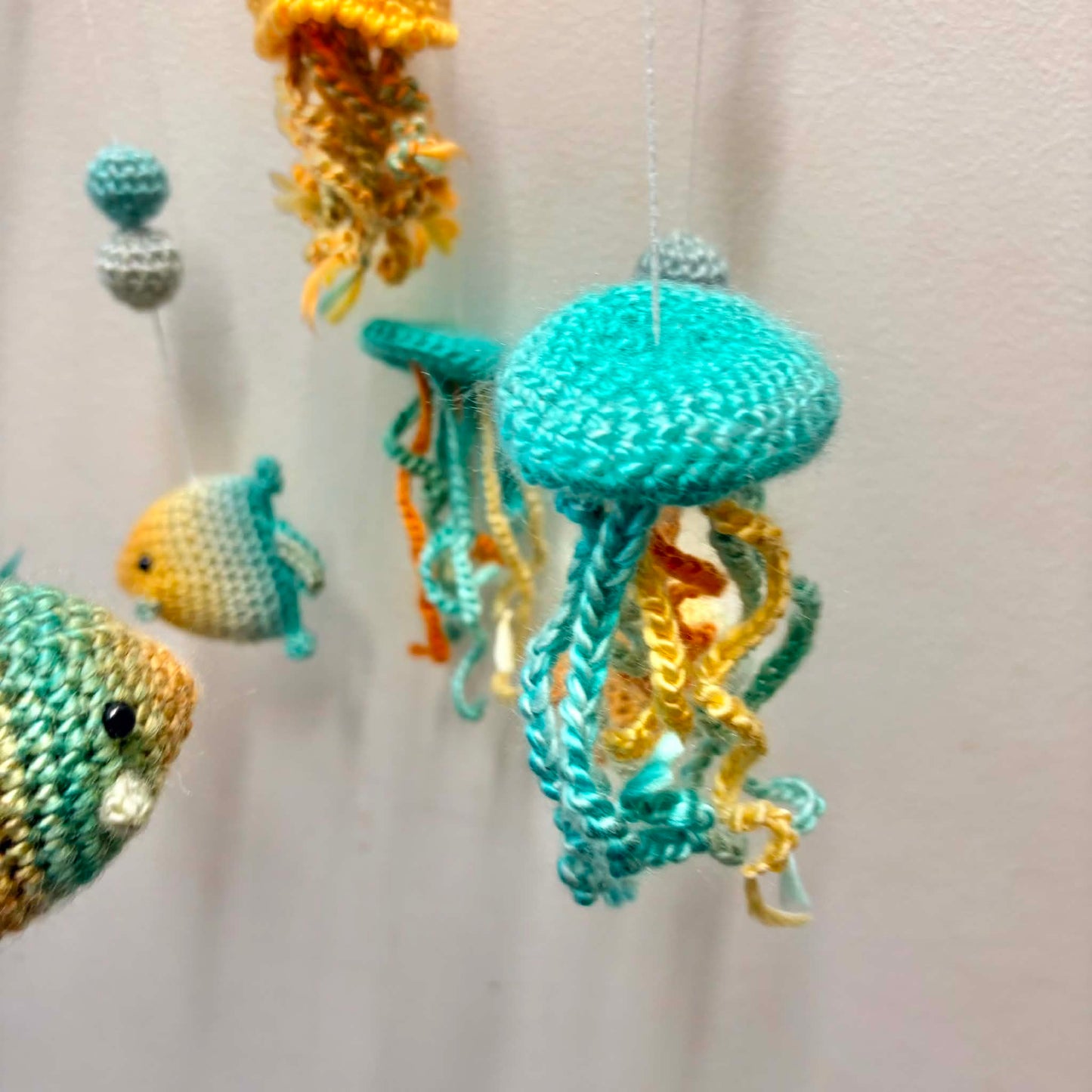 BEAKNITS- CROCHETED UNDER THE SEA MOBILE #6- Blue Ring with jellyfish and fish