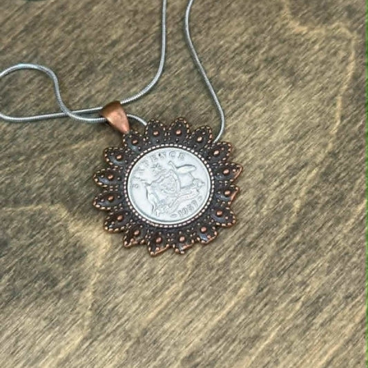 MOLLY MADE- 1957 Sixpence in Copper Tone Sunflower Setting Pendent Necklace