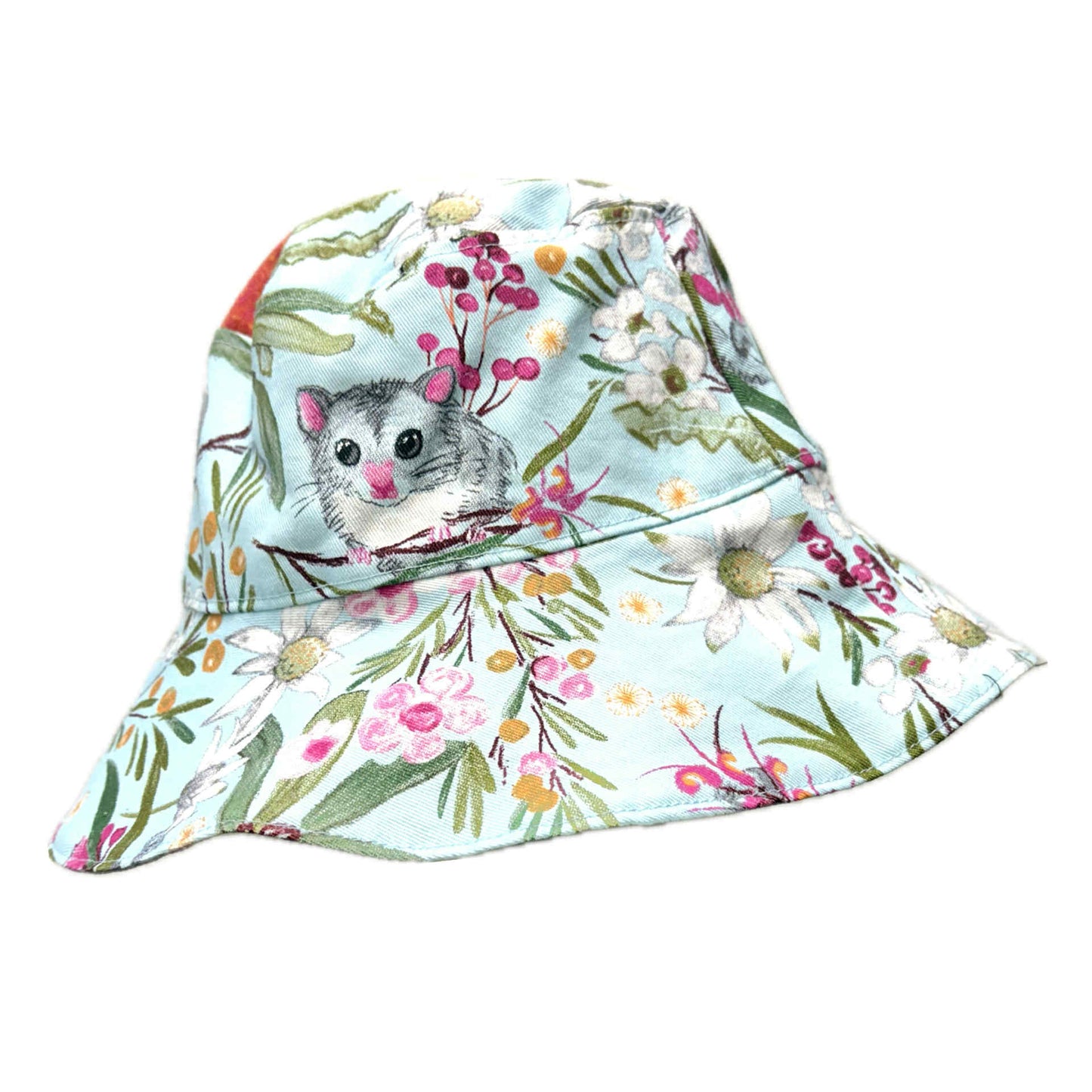 Teacups n Quilts- Blue Possum and Banksia Fabric Hat- Kids Size Large