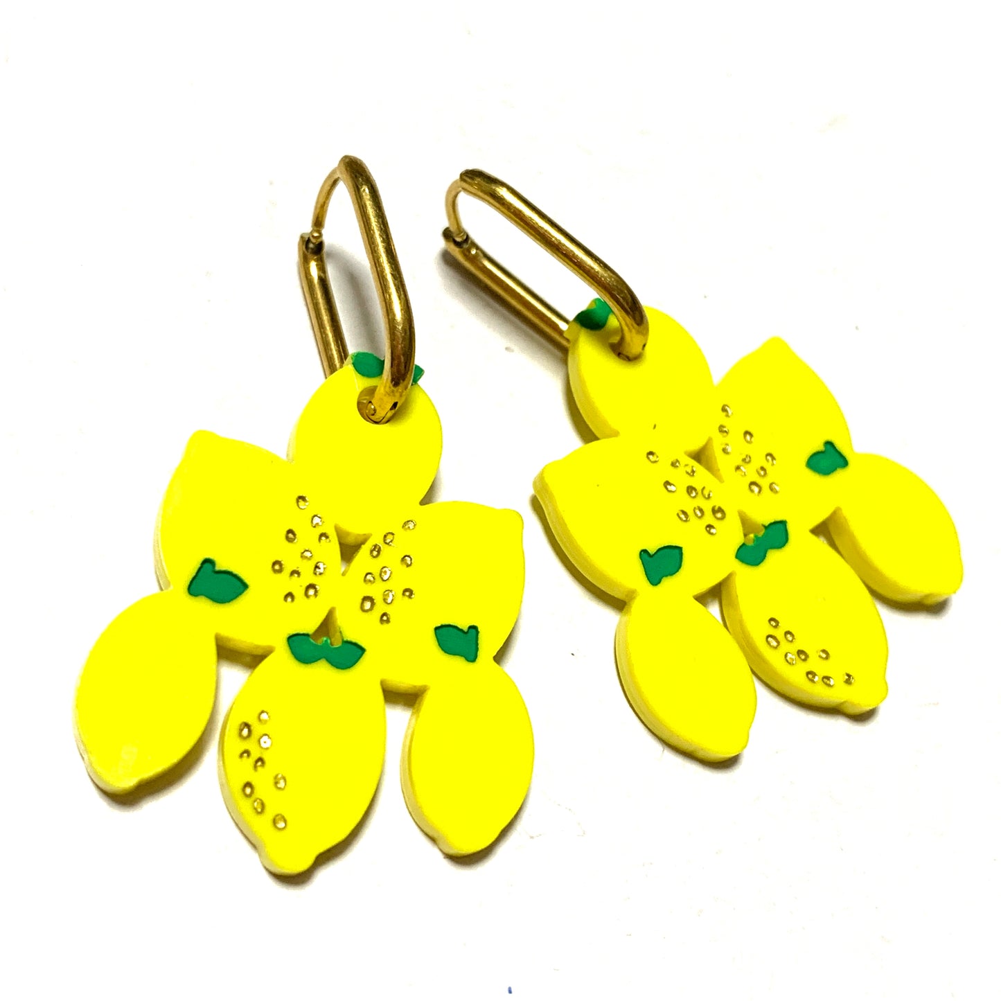 THIS BIRD HAS FLOWN - “Med Earrings- Lemons” HUGGIE HOOP CHARM EARRINGS