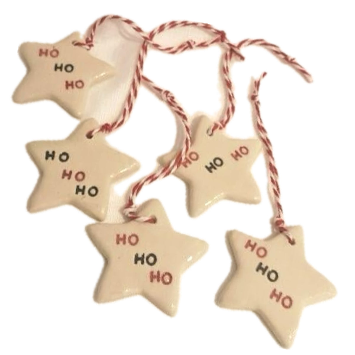 EARTH BY HAND- Clay Star Christmas Decorations- HO HO HO red and black writing