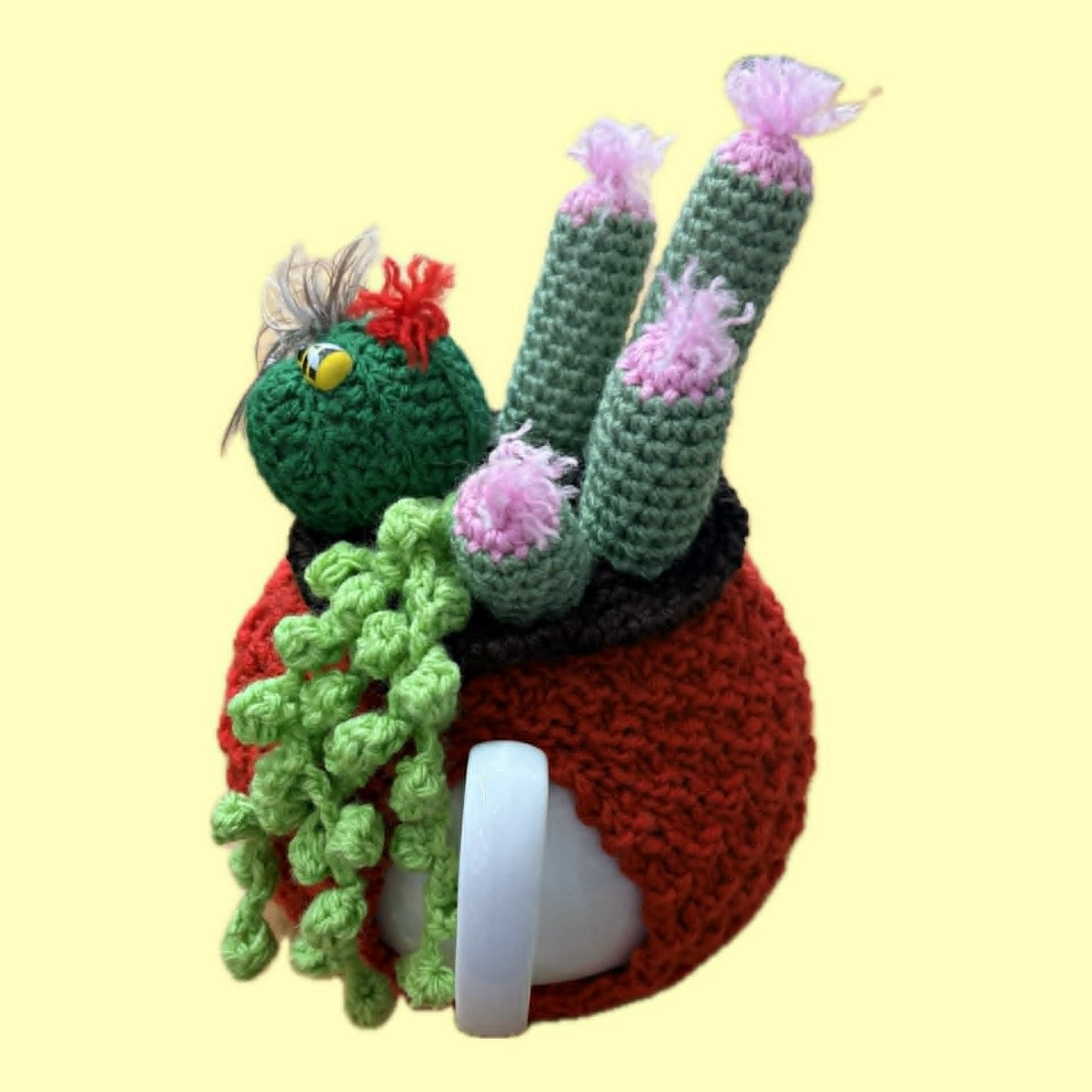 BEAKNITS- CROCHET TEA COSY - RED WITH CACTI, SUCCULENTS AND LADYBUGS