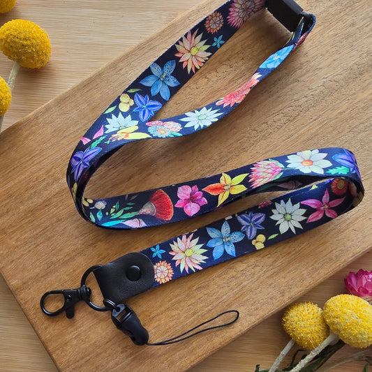 WATERCOLOURS BY CAT- Australian Native Flower Lanyard - Dark Blue