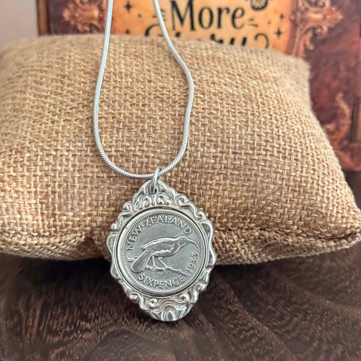 MOLLY MADE- Vintage 1933 New Zealand Huia Bird Sixpence Pendant Necklace
