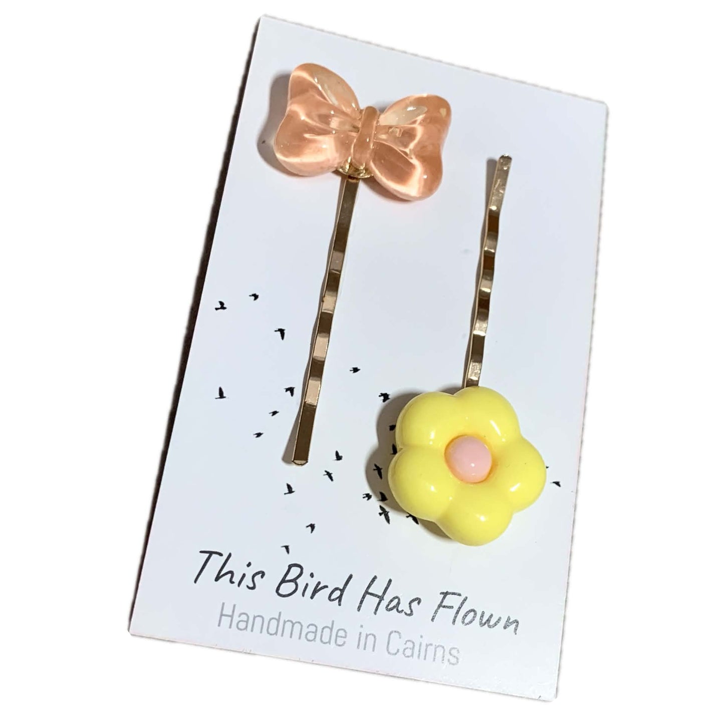 THIS BIRD HAS FLOWN - Mismatched Peach Bow Yellow Flower - Hair Pins