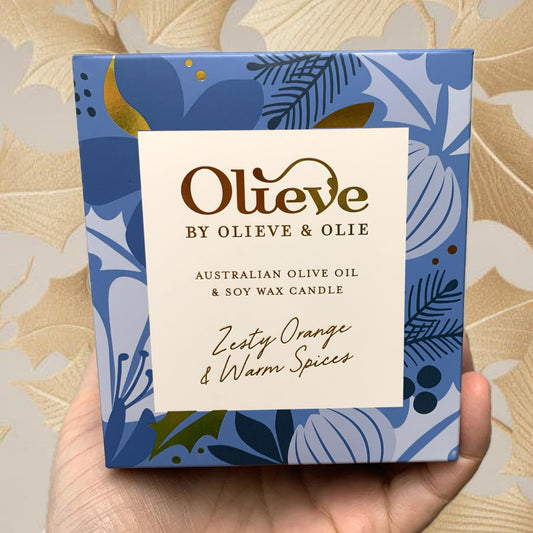 OLIEVE AND OLIE- "Zesty Orange & Warm Spices"- Christmas Candle- Blue Box