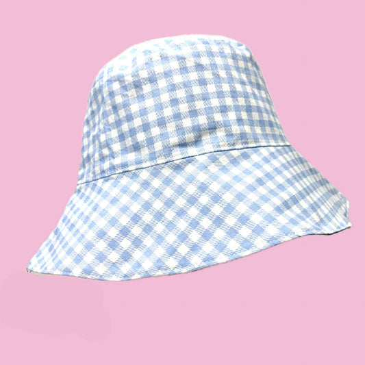 Teacups n Quilts- Blue Gingham Fabric Hat - Adult Size
