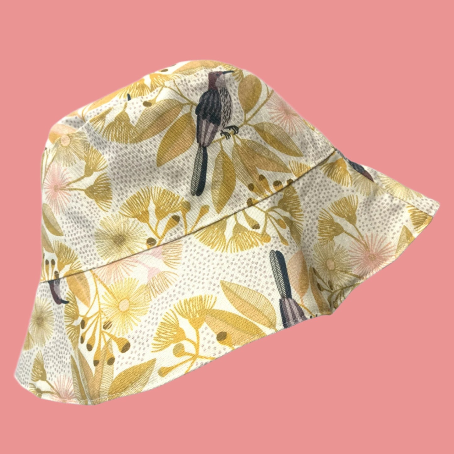 Teacups n Quilts- Mustard Gum Flowers & Birds Fabric Hat- Adult Size