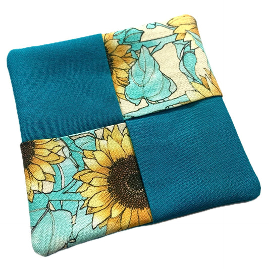 MUMMA WHOOPEE- SINGLE WINE GLASS SLIPPER/COASTERS- Sunflowers &  Teal