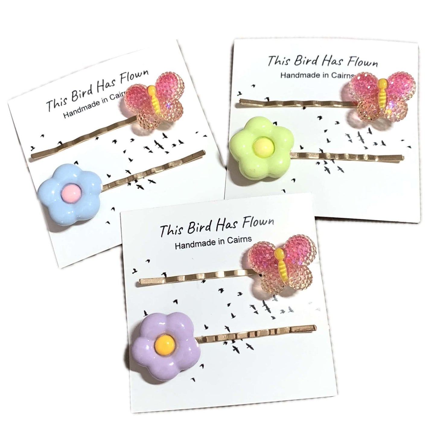 THIS BIRD HAS FLOWN - Mismatched Butterfly Green Flower - Hair Pins