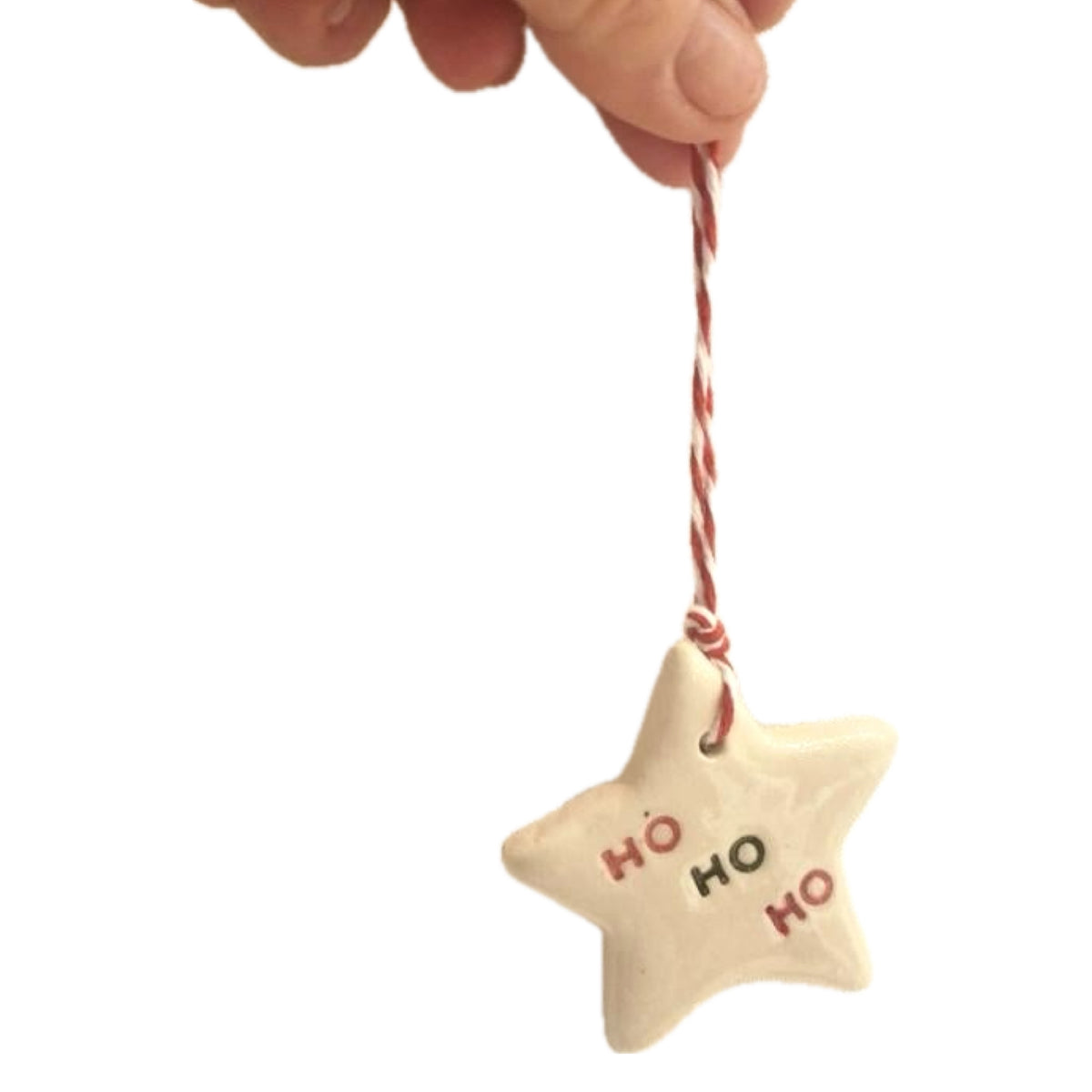 EARTH BY HAND- Clay Star Christmas Decorations- HO HO HO red and black writing