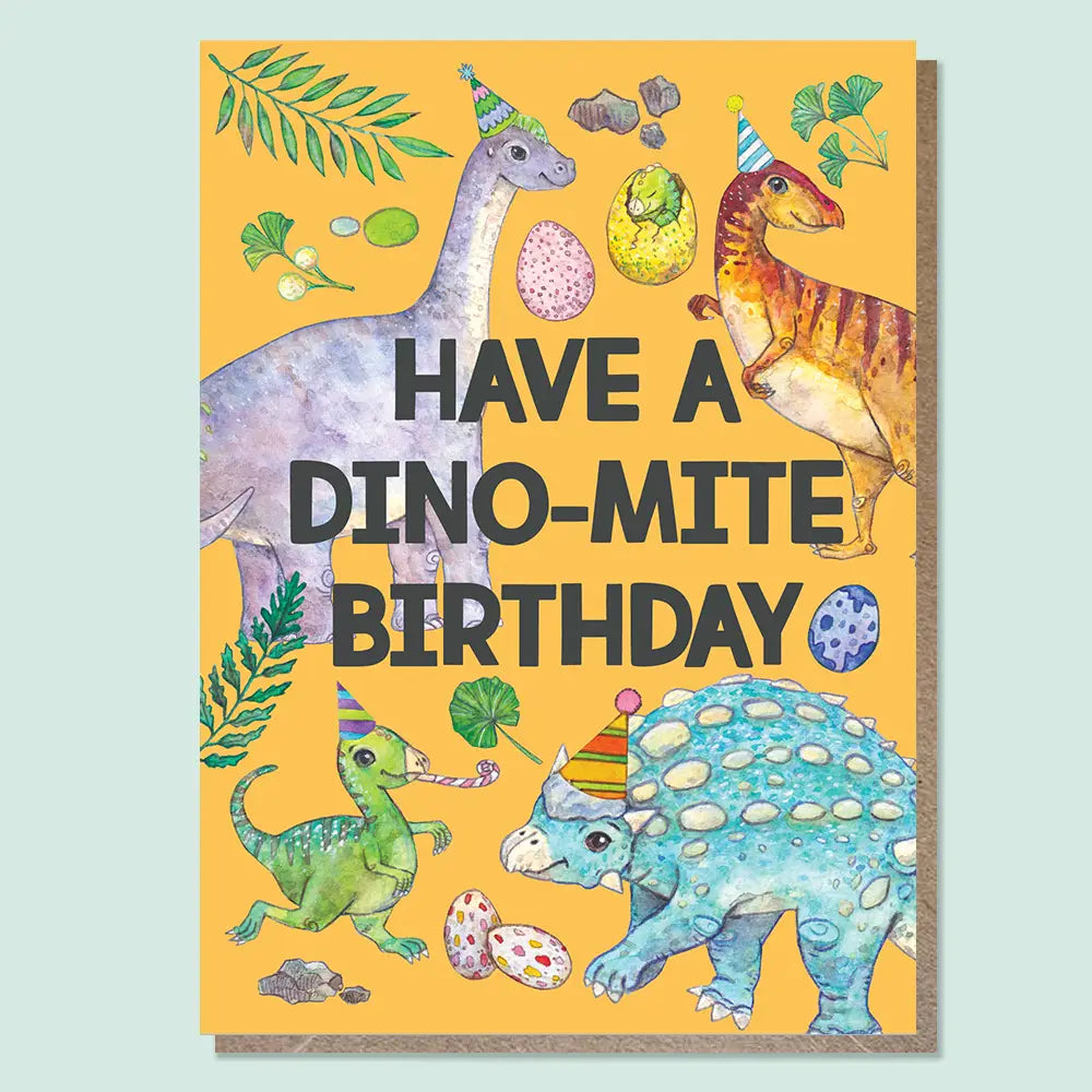 WATERCOLOURS BY CAT- "Have A Dino-Mite Birthday" Dinosaur Greeting Card