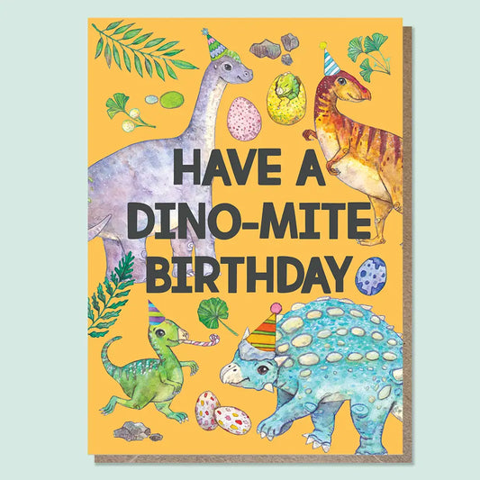 WATERCOLOURS BY CAT- "Have A Dino-Mite Birthday" Dinosaur Greeting Card