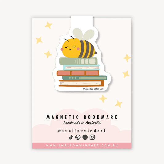 SWALLOW WIND ART - HAPPY BEE WITH BOOKS - MAGNETIC BOOKMARK