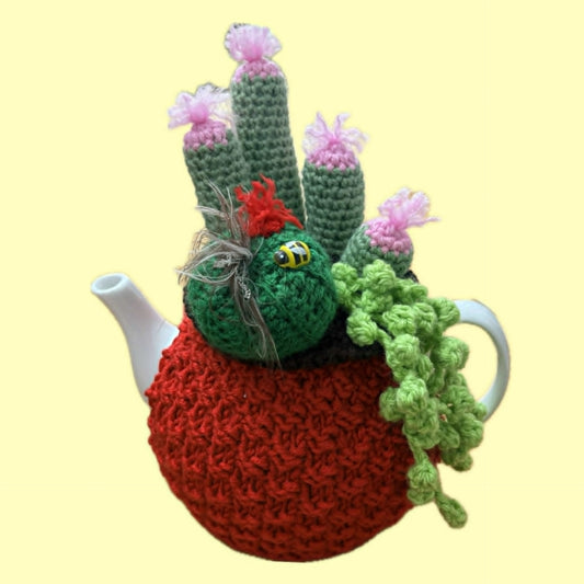 BEAKNITS- CROCHET TEA COSY - RED WITH CACTI, SUCCULENTS AND LADYBUGS