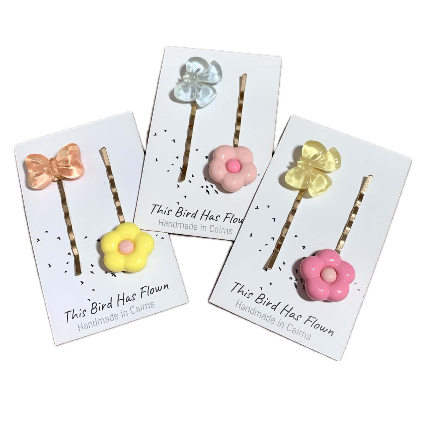 THIS BIRD HAS FLOWN - Mismatched Peach Bow Yellow Flower - Hair Pins