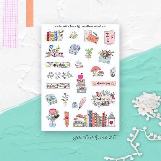 SWALLOW WIND ART - FLOWERS AND BOOKS - BULLET JOURNAL STICKER SHEET