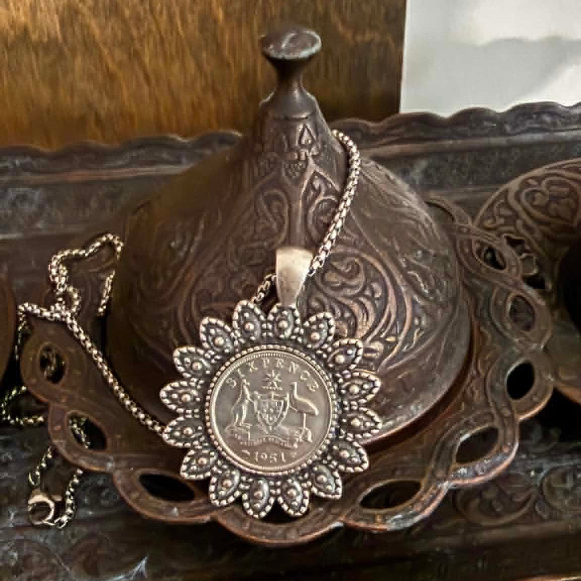 MOLLY MADE- 1963 Sixpence Floral Zamak Pendant Necklace