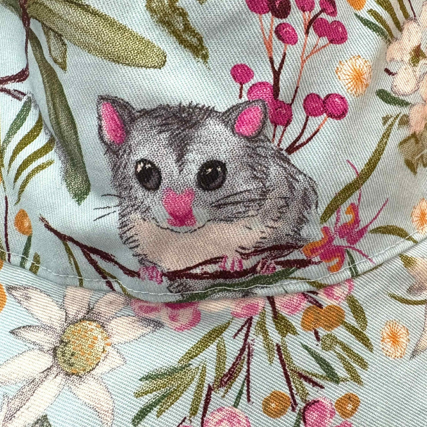 Teacups n Quilts- Blue Possum and Banksia Fabric Hat- Kids Size Large
