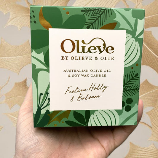 OLIEVE AND OLIE- "Festive Holly & Balsam"- Christmas Candle- Green Box