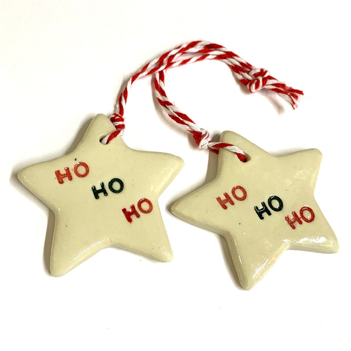 EARTH BY HAND- Clay Star Christmas Decorations- HO HO HO red and black writing