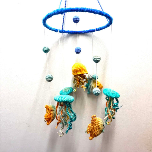 BEAKNITS- CROCHETED UNDER THE SEA MOBILE #6- Blue Ring with jellyfish and fish