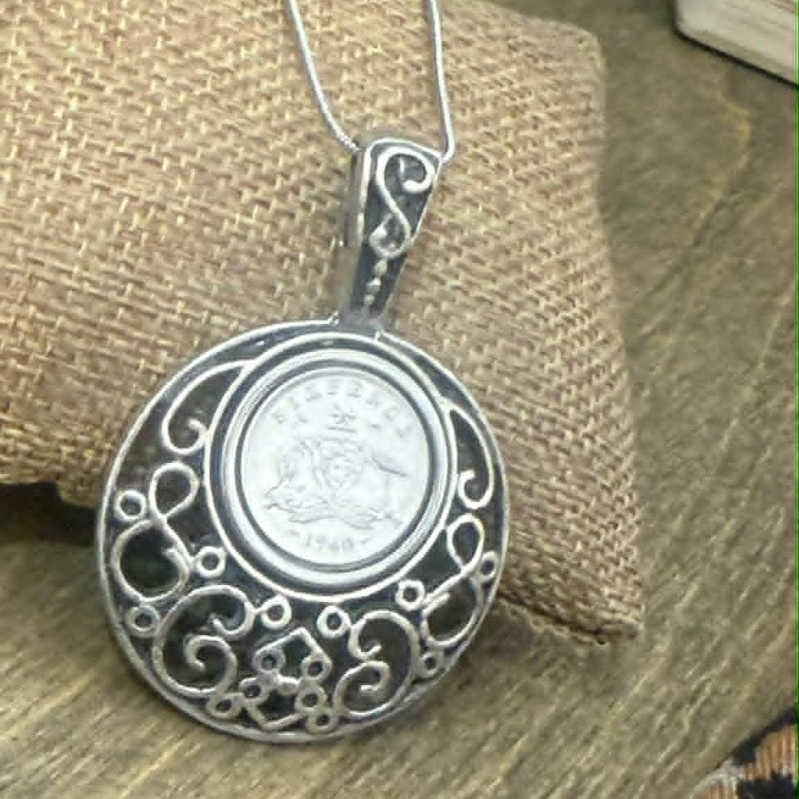 MOLLY MADE- 1960 Sixpence and Filigree Pendant Necklace