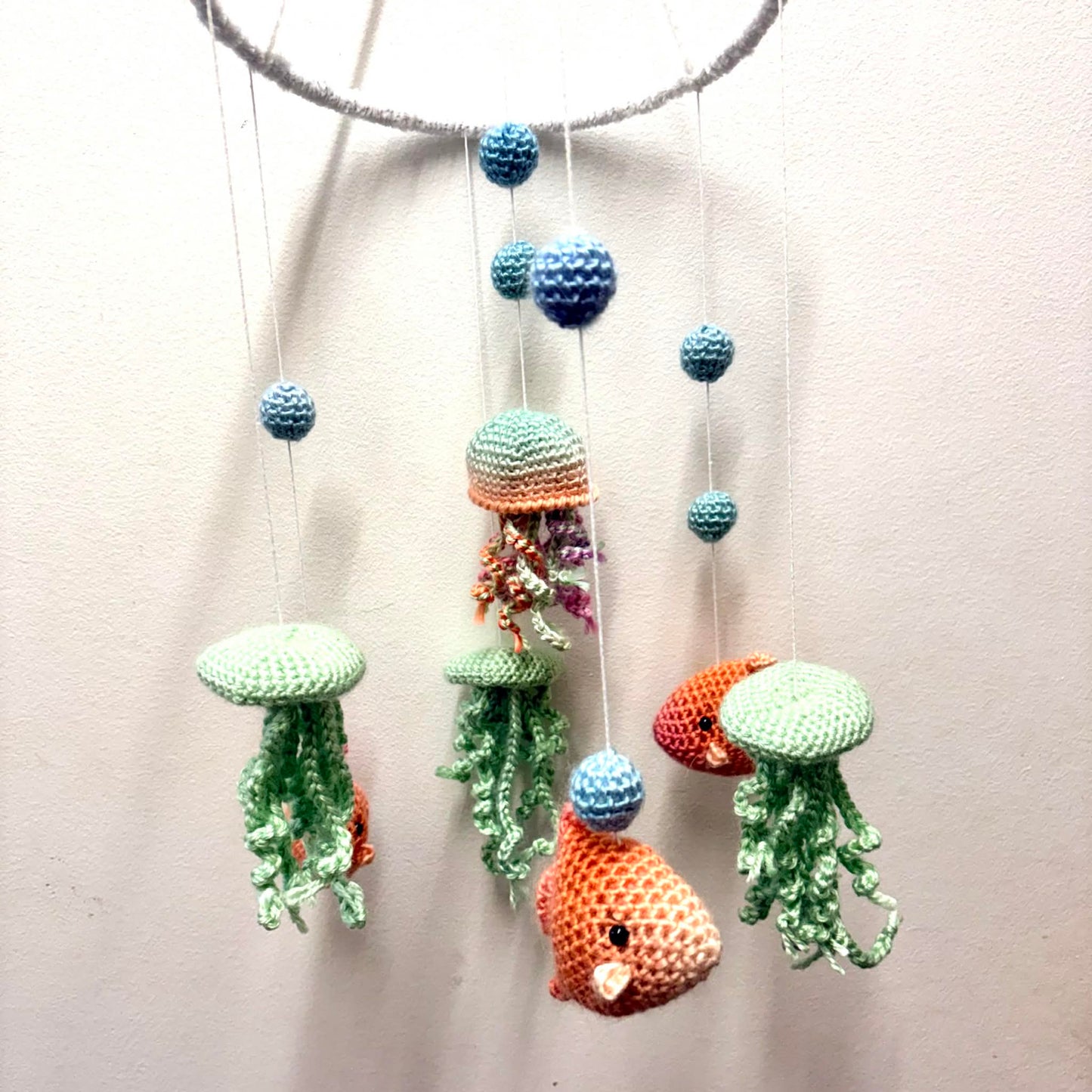 BEAKNITS- CROCHETED UNDER THE SEA MOBILE #5- White Ring with jellyfish and fish