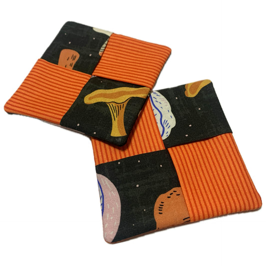 MUMMA WHOOPEE- SINGLE WINE GLASS SLIPPER/COASTERS- Mushrooms & Orange Stripes