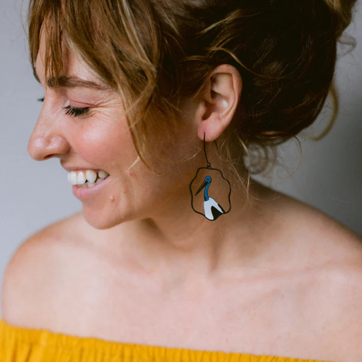 DENZ & CO - Australian Jabiru earrings in Black, Blue & White