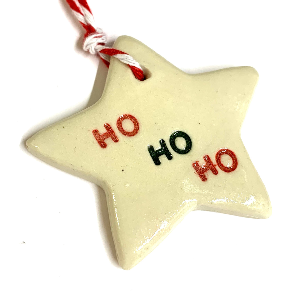 EARTH BY HAND- Clay Star Christmas Decorations- HO HO HO red and black writing