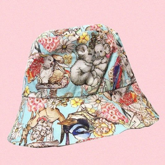 Teacups n Quilts - May Gibbs Fabric Hat - Blue Background (Koala)- Kids Size Medium
