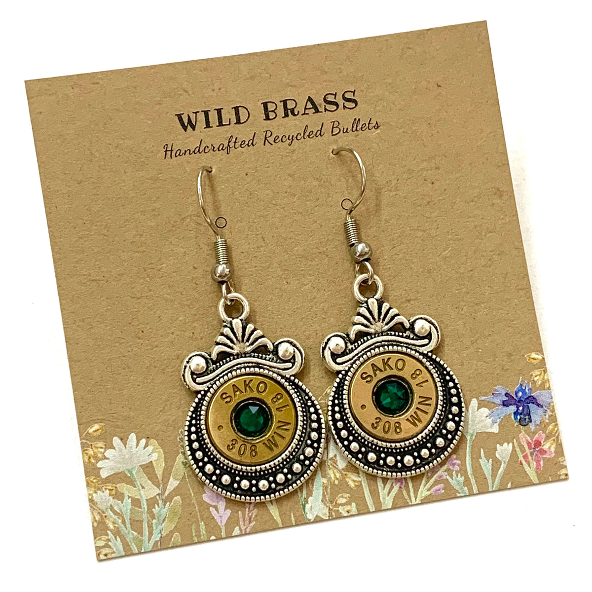 WILD BRASS- Aztec Drops- Emerald Green Swarovski Crystal