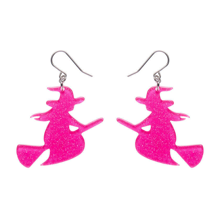 ERSTWILDER - Flying Witch Drop Earrings: Pink - HAUNTED AT HEART- HALLOWEEN COLLECTION