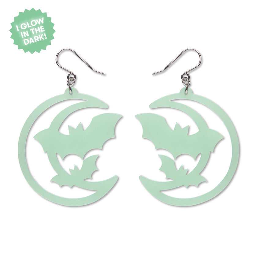 ERSTWILDER - Moon & Bats Drop Earrings - Glow in the Dark - Midnight Mischief