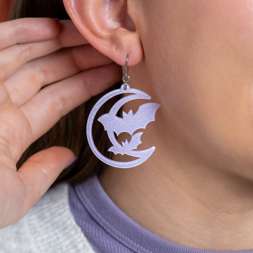 ERSTWILDER - Moon & Bats Drop Earrings - Purple - Midnight Mischief