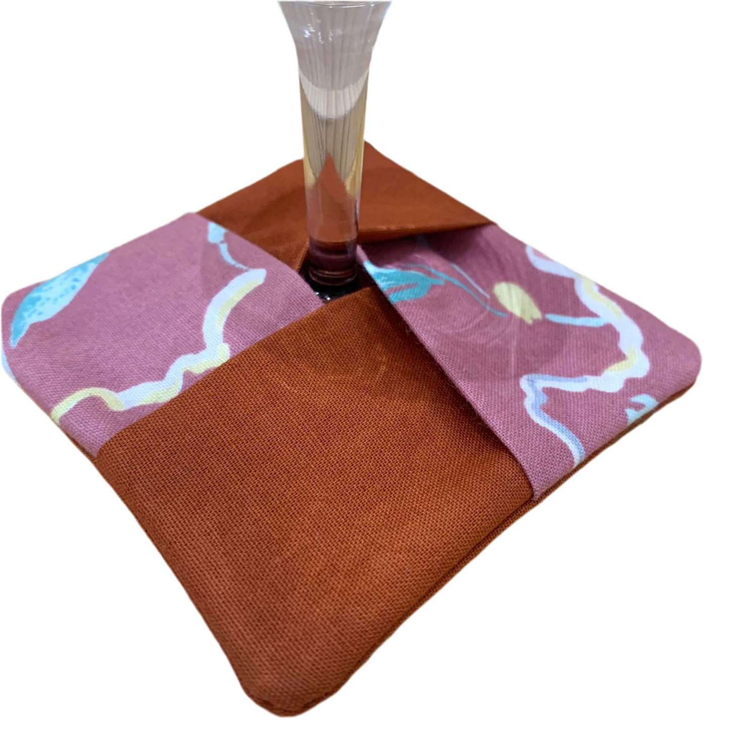 MUMMA WHOOPEE- SINGLE WINE GLASS SLIPPER/COASTERS- Mushrooms & Pink