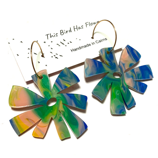 THIS BIRD HAS FLOWN - “Marble Daisy” HOOP DANGLE EARRINGS