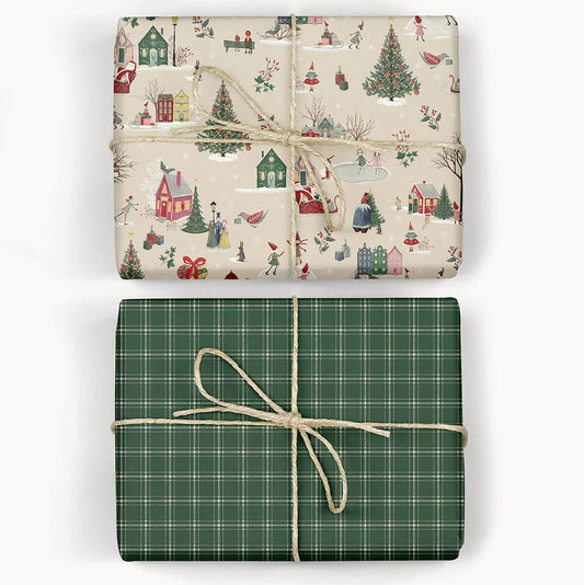 BESPOKE LETTERPRESS - Christmas Winter Wonderland / Spruce Tartan Double sided gift wrap